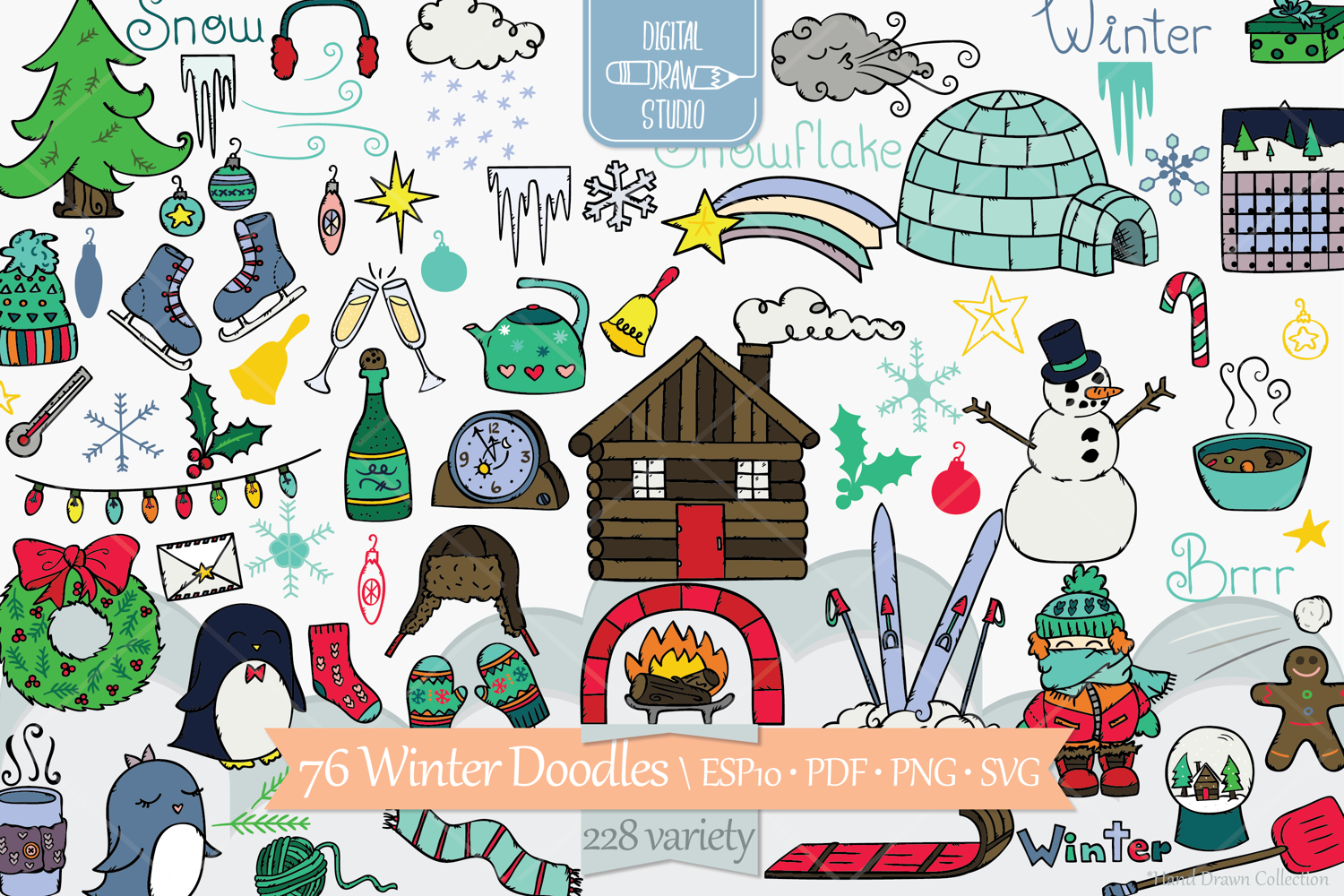 Winter Season Color Doodles, Mitten, Igloo, Snowman, Penguin product image 1