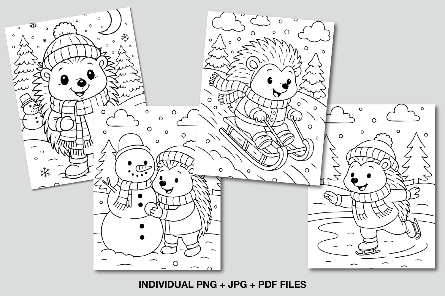 Cute winter hedgehog coloring pages featuring snow, sledding, and snowman scenes.