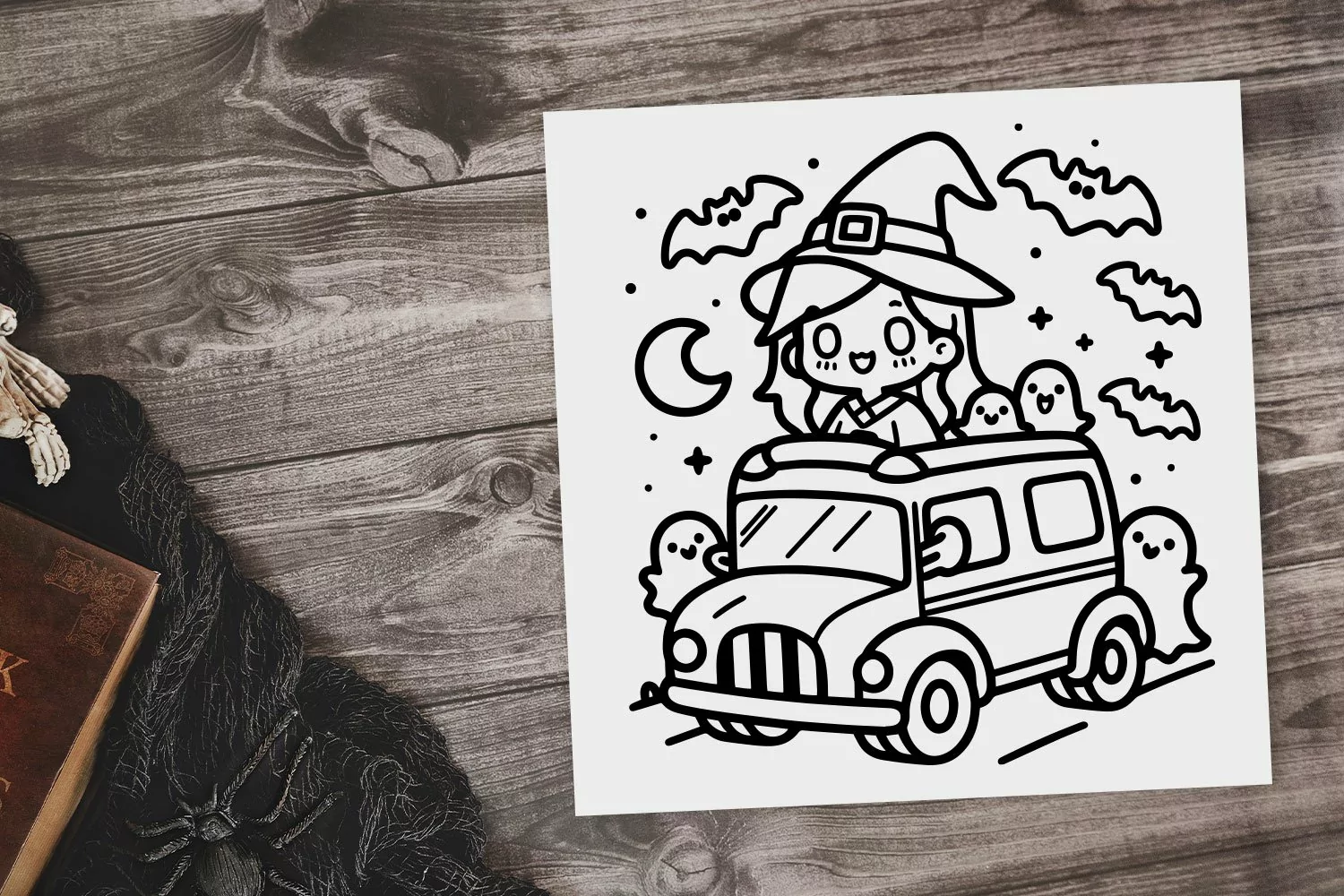 Witch on Bus Coloring Page SVG PNG - Halloween Coloring Page product image 1