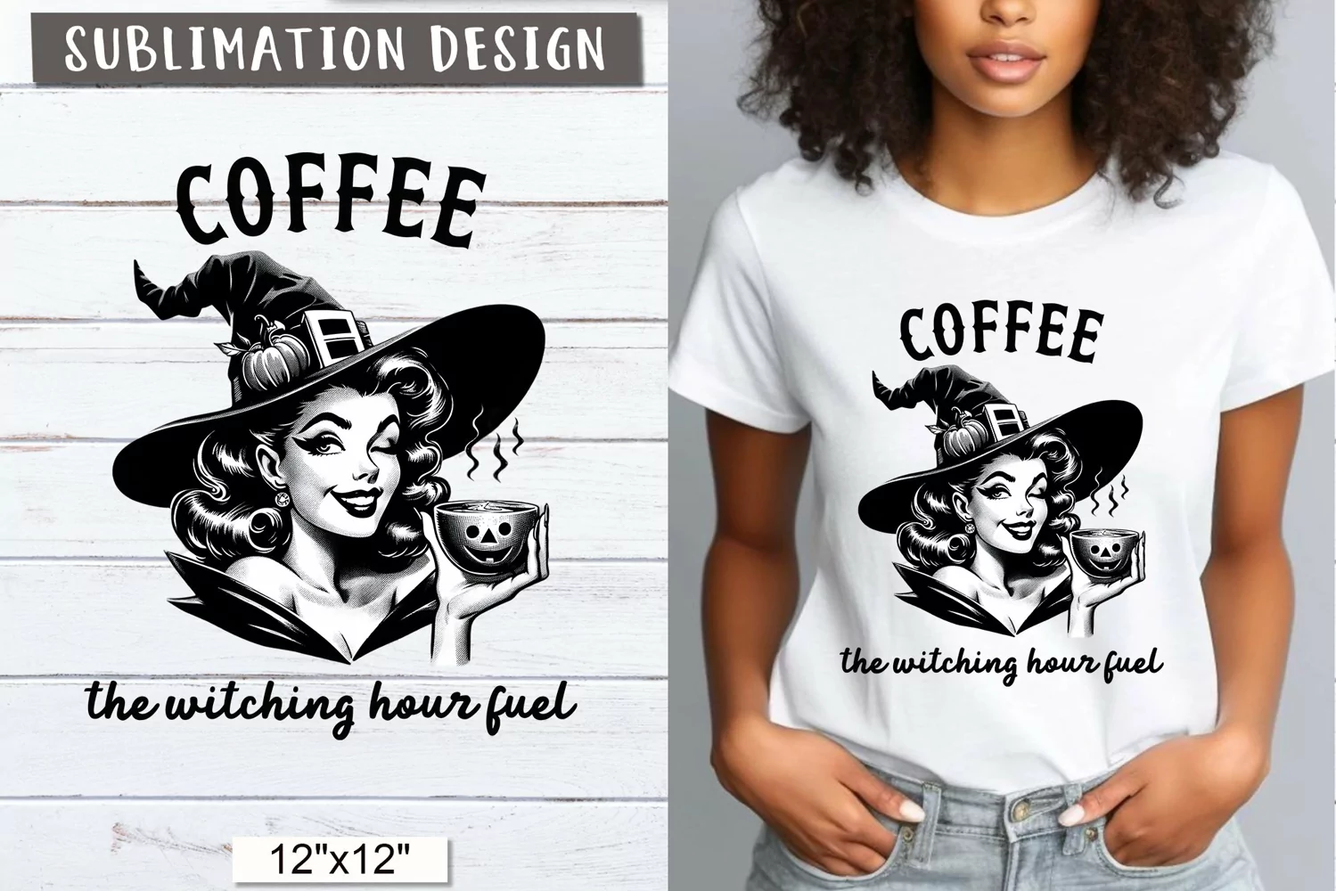 Witch with coffee Vintage witch Halloween png