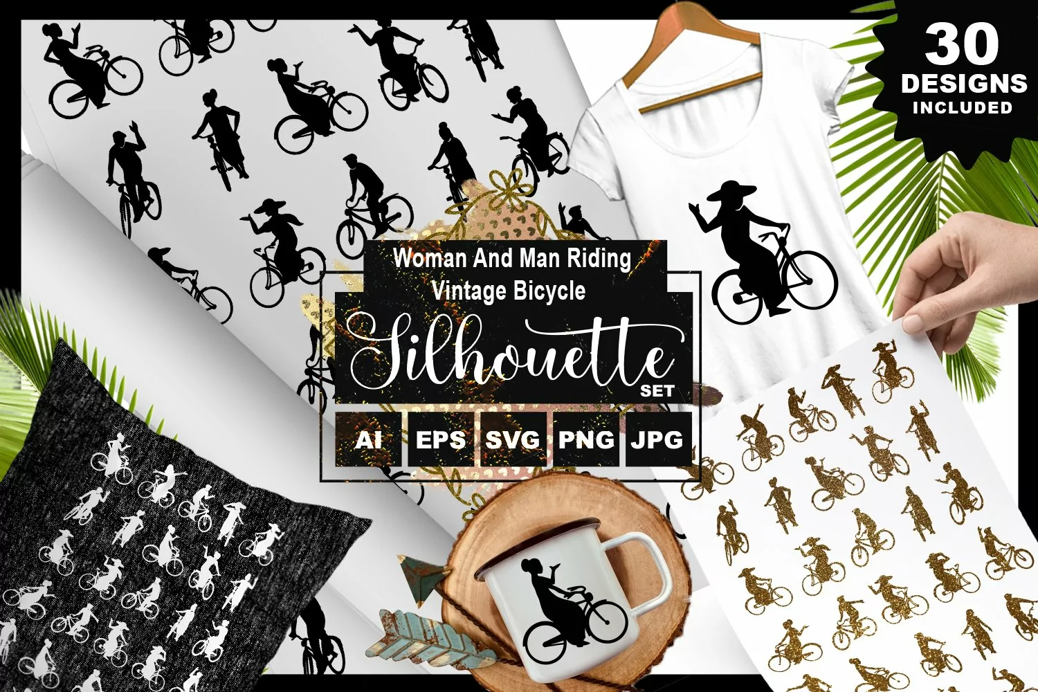 Woman And Man Riding Vintage Bicycle Silhouette Pack product image 1