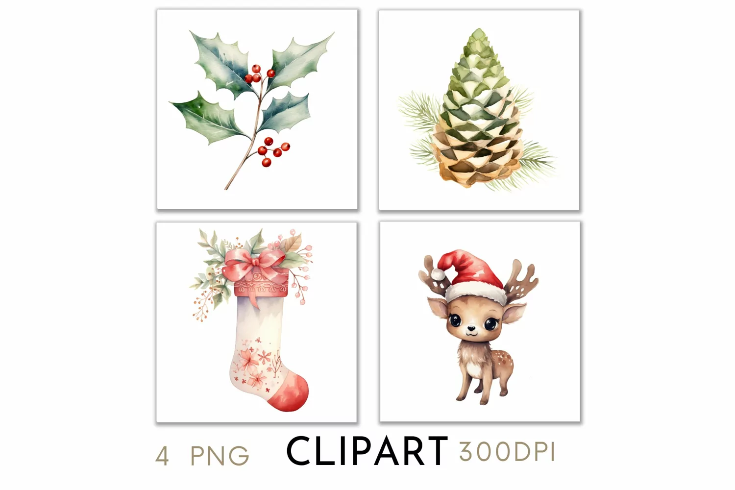 Woodland Christmas Illustrations Watercolor Clipart PNG
