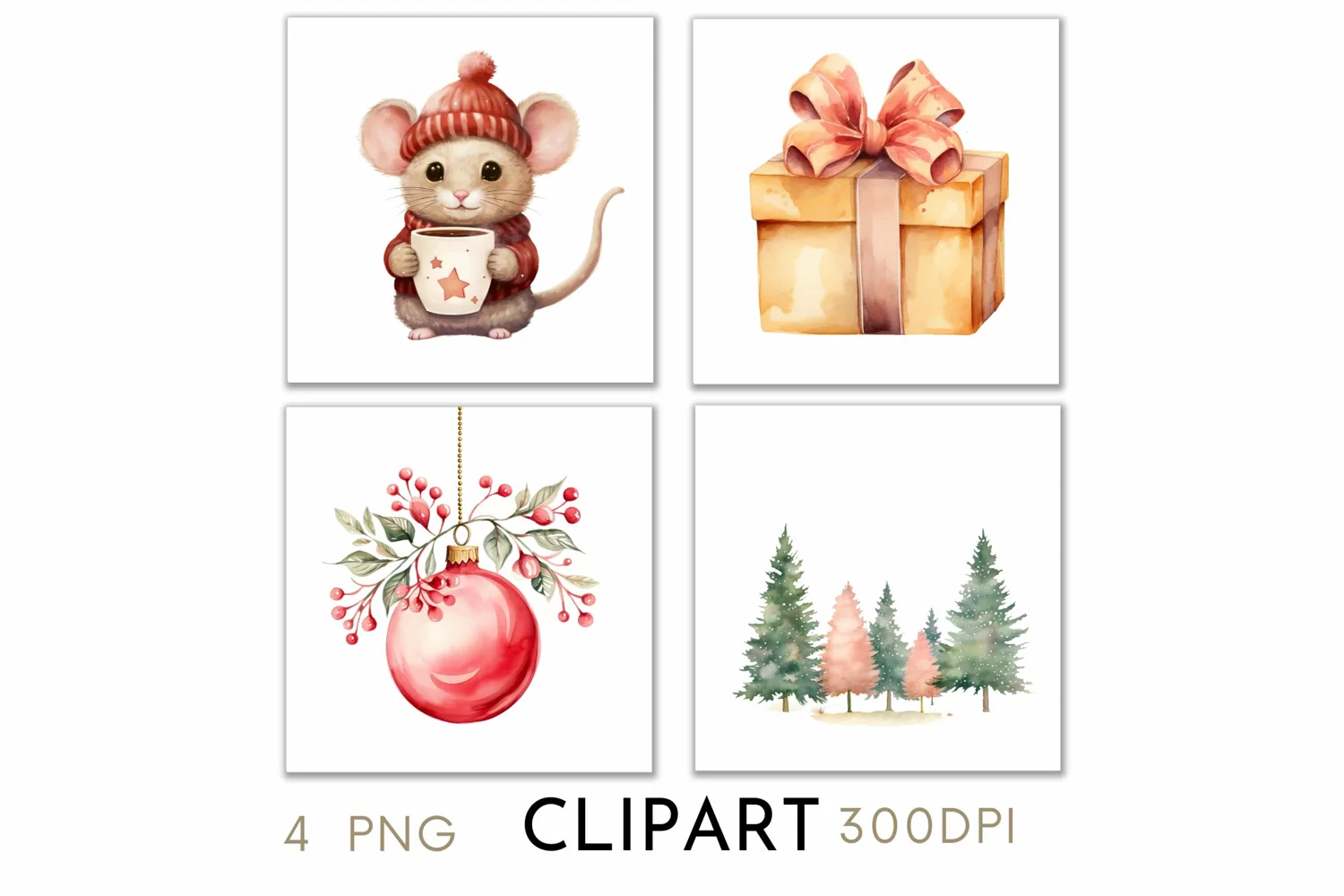 Woodland Christmas Illustrations Watercolor Clipart PNG