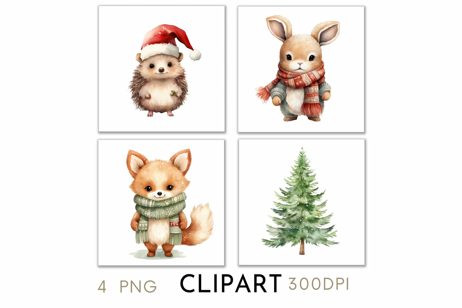 Woodland Christmas Illustrations Watercolor Clipart PNG