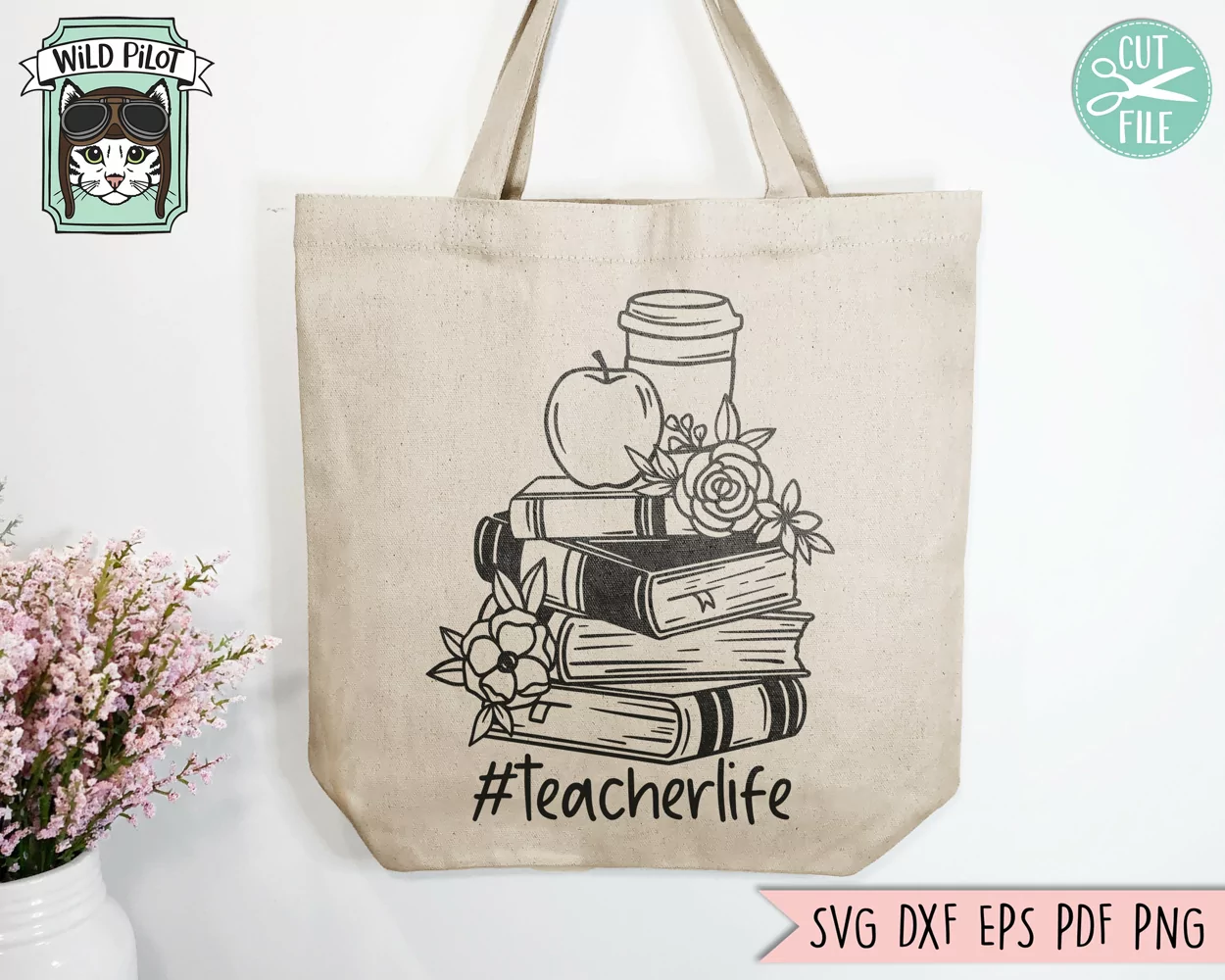 Books SVG, Teacher Life SVG, Apple SVG, Coffee Cup, Floral product image 1