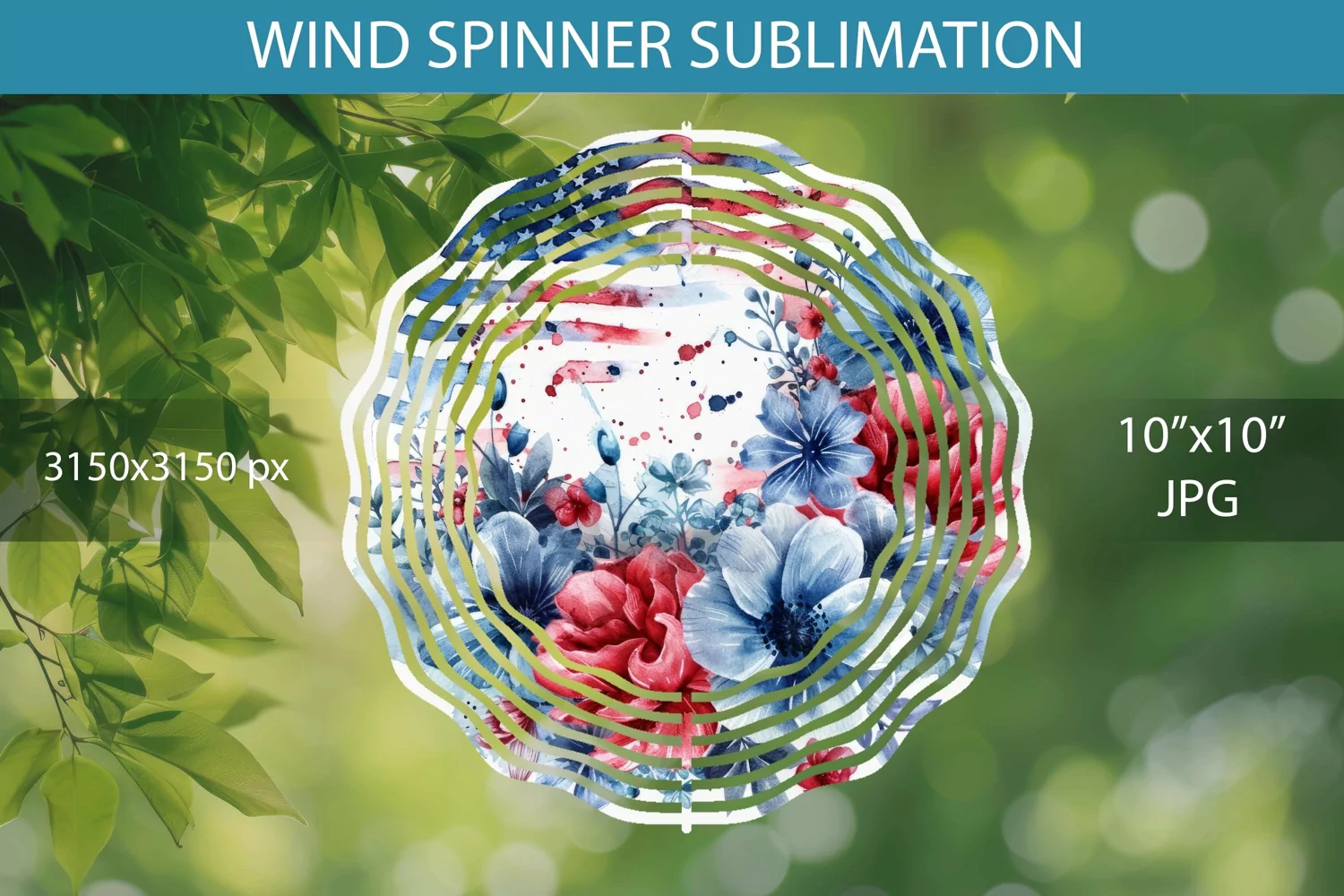 Watercolor 4th July Flowers and American Flag Wind Spinner product image 1