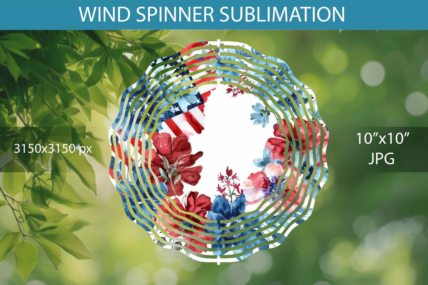Watercolor 4th July Flowers and American Flag Wind Spinner product image 1