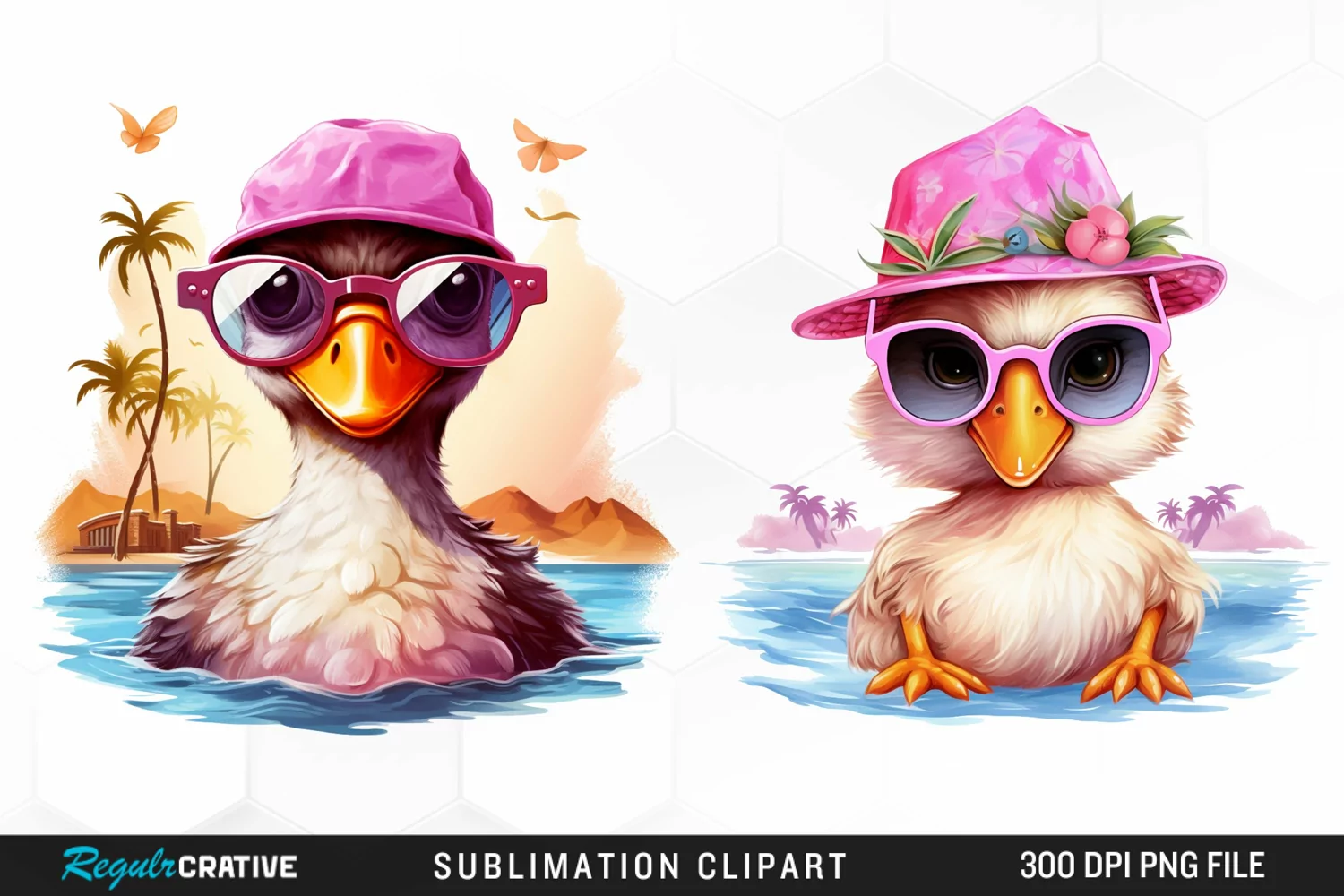 Watercolor Pink Duck Beach Clipart product image 1