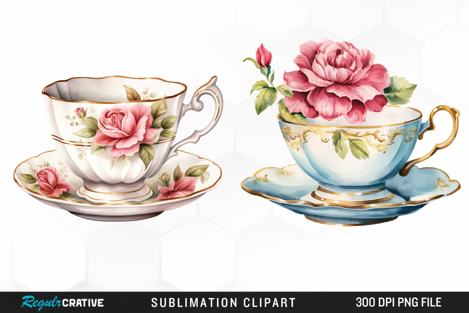 Watercolor Vintage Teacup Sublimation Art Clipart product image 1