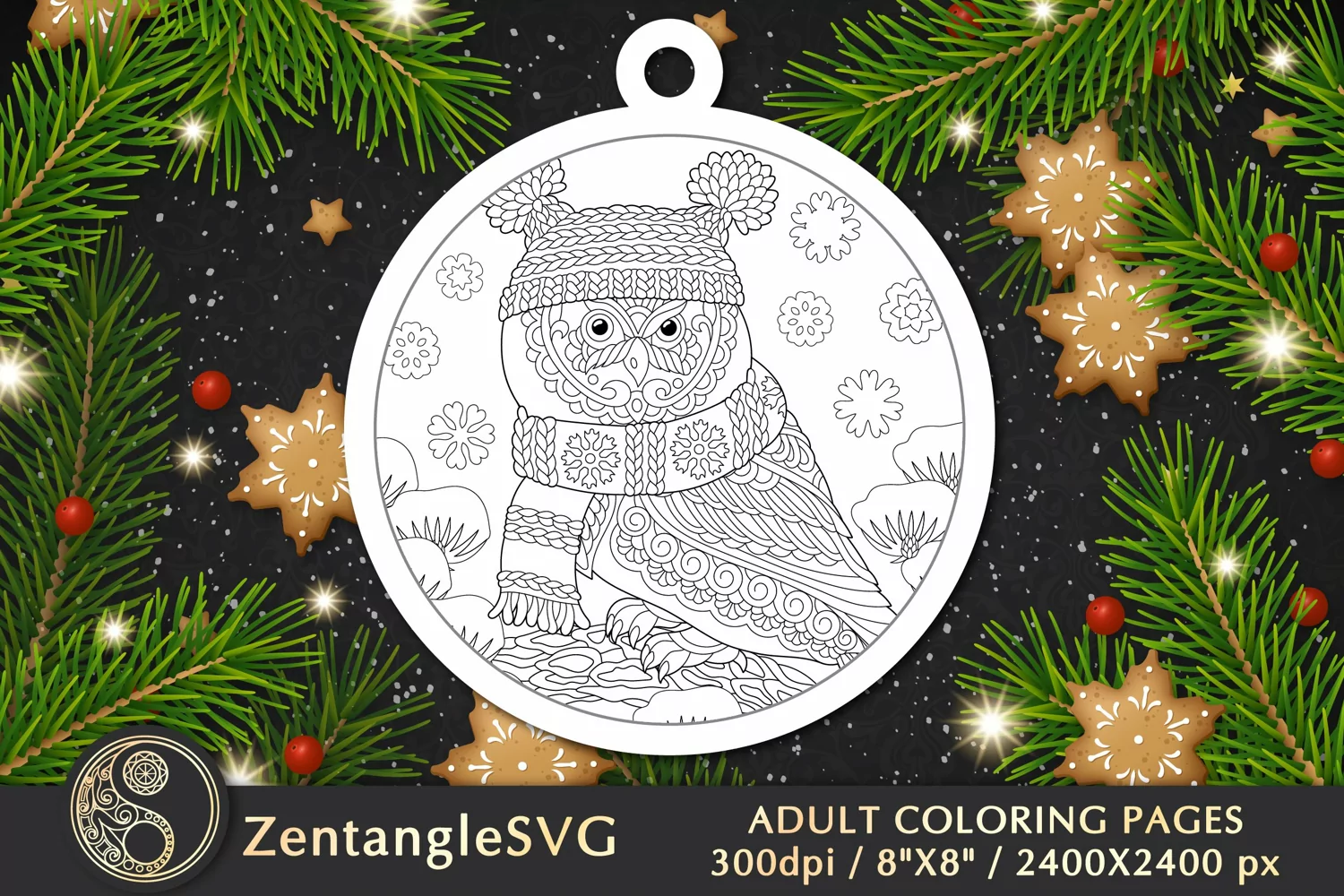 Winter Owl Coloring Page, Christmas Colouring Ornament product image 1