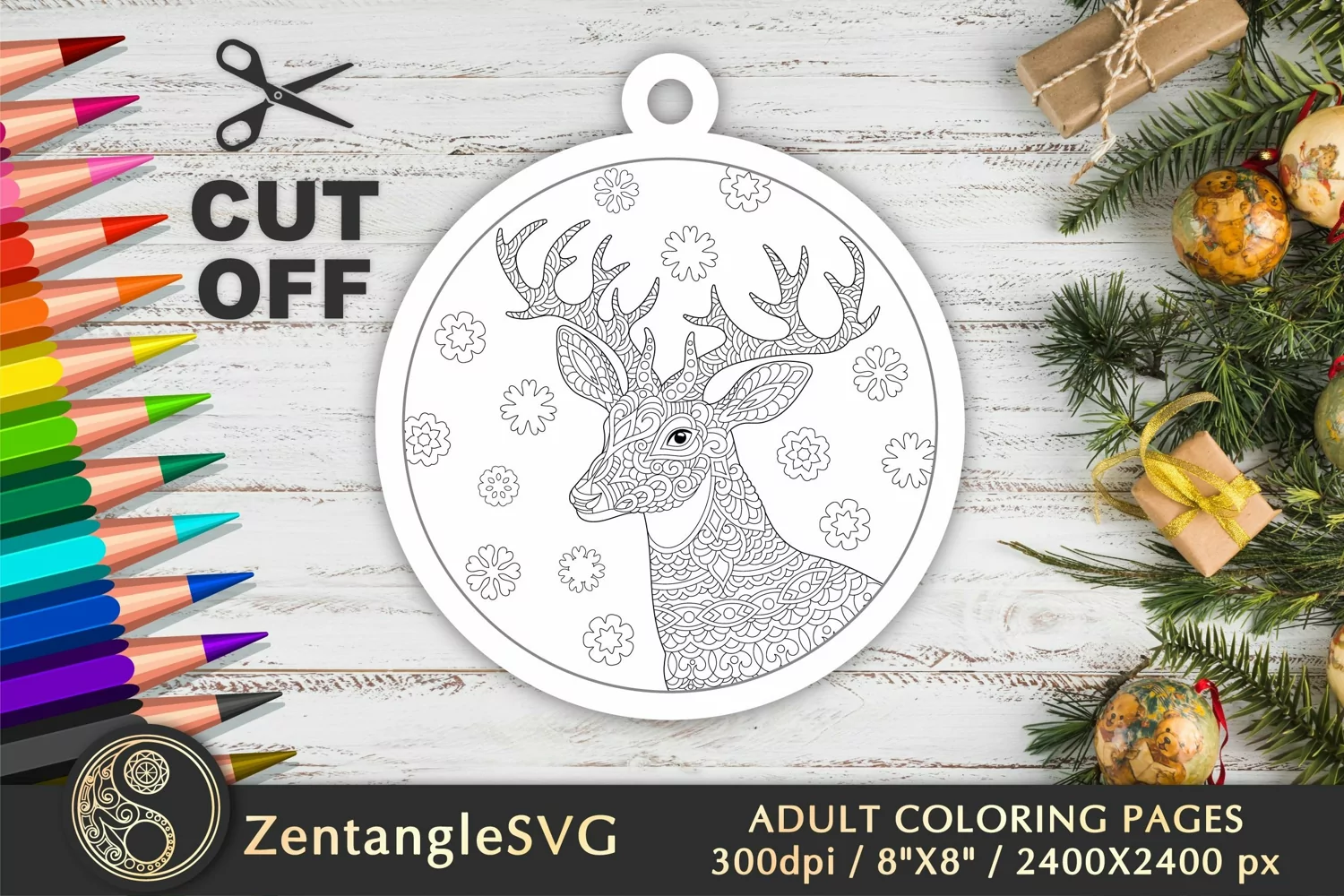 Reindeer Coloring Page, Christmas Deer Colouring Ornament product image 1