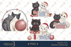 Watercolor Cat Couple Christmas PNG | Romantic Holiday Cats Product Image 1