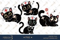 Cute Nurse Black Cat Clipart Watercolor PNG Product Image 1
