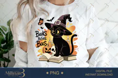 Bookish Halloween Cat PNG | Cozy Spooky Black Cat with Books Product Image 1