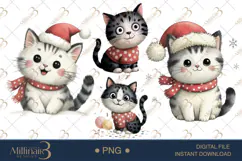 Whimsical Christmas Cat Clipart Watercolor PNGs Product Image 1