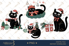Black Cat Christmas Clipart | Watercolor Cats with Santa Hat Product Image 1