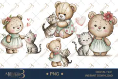 Cute Bear and Kitten Watercolor Clipart Baby Shower Invitati Product Image 1