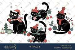 Black Cat Christmas Clipart | Watercolor Cats with Santa Hat Product Image 1