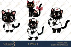 Cute Nurse Black Cat Clipart Watercolor PNG Product Image 1