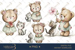 Cute Bear and Kitten Watercolor Clipart Baby Shower Invitati Product Image 1