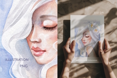 White Hair Girl Watercolor Portrait PNG Product Image 1