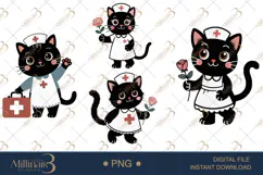 Cute Nurse Black Cat Clipart Watercolor PNG Product Image 1