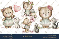 Cute Bear and Kitten Watercolor Clipart Baby Shower Invitati Product Image 1