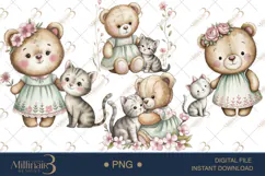 Cute Bear and Kitten Watercolor Clipart Baby Shower Invitati Product Image 1