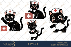 Cute Nurse Black Cat Clipart Watercolor PNG Product Image 1