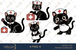 Cute Nurse Black Cat Clipart Watercolor PNG Product Image 1