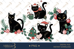 Black Cat Christmas Clipart | Watercolor Cats with Santa Hat Product Image 1