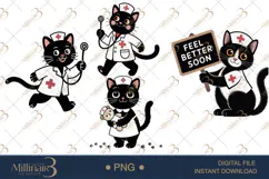 Cute Nurse Black Cat Clipart Watercolor PNG Product Image 1