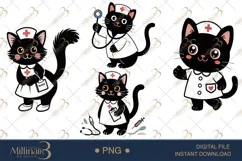 Cute Nurse Black Cat Clipart Watercolor PNG Product Image 1