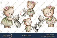 Cute Bear and Kitten Watercolor Clipart Baby Shower Invitati Product Image 1