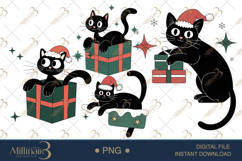 Black Cat Christmas Clipart | Watercolor Cats with Santa Hat Product Image 1