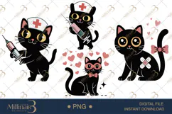 Cute Nurse Black Cat Clipart Watercolor PNG Product Image 1