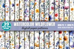 Watercolor Wildflower Digital Background Paper Bundle PNG Product Image 1
