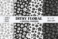 Whimsical Hand Drawn Black and White Ditsy Floral Patterns Product Image 1