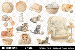Watercolor Cat Knitting Clipart Product Image 1