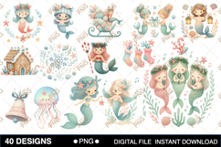 Christmas Mermaid Watercolor Clipart Product Image 1