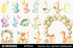 Watercolor Cute Birthday Dinosaur Cliparts Bundle Product Image 2