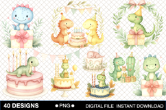 Watercolor Cute Birthday Dinosaur Cliparts Bundle Product Image 3