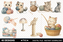 Watercolor Cat Knitting Clipart Product Image 3