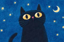 Whimsical Black Cat Starry Night Watercolor Art Product Image 1