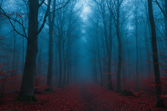 Foggy Dark Forest Path Background with Red Leaves Texture Product Image 1