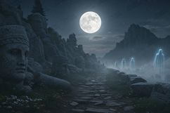 Mystical Moonlit Path with Ancient Statues and Ghostly Figur Product Image 1