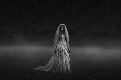 Creepy Ghost Bride in Foggy Night Horror Background Product Image 1