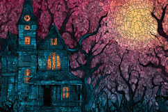 Haunted House Stained Glass - Pink Sunset Halloween Art Product Image 1