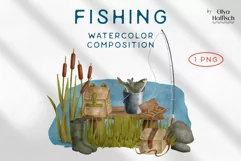 Watercolor Fishing Clipart. Summer Camping Lake Scene PNG Product Image 1