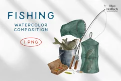 Watercolor Fishing PNG Design. Fishing Net and Fish Clipart Product Image 1